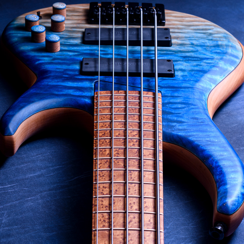 MTD 535-24 Quilt Maple Top Colord Ocean Blue Fade Dark Horns, Roasted Birds Eye Maple Fingerboard